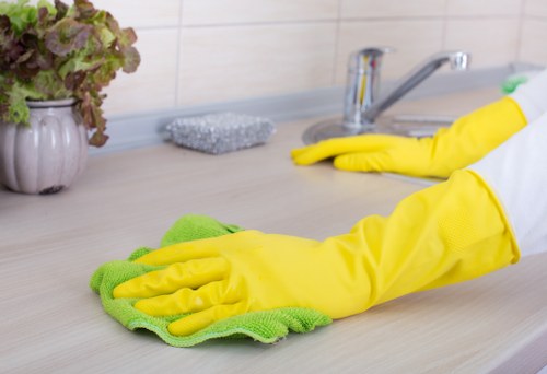 Cleaner preparing a safe work area with protective equipment